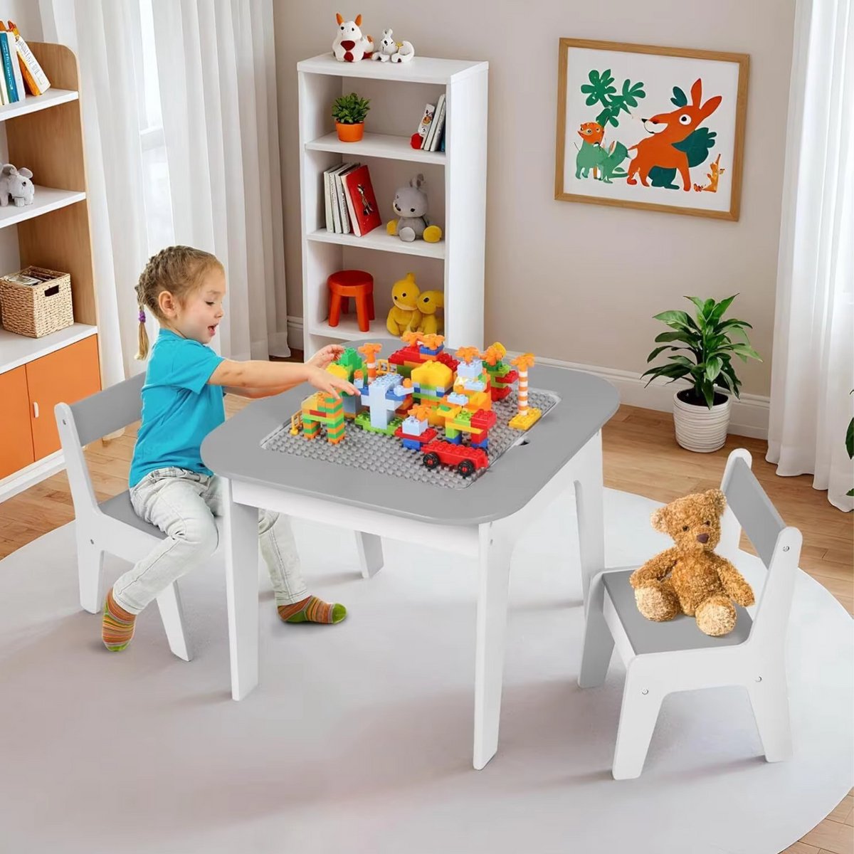 Kindertafel - Speeltafel- Voor Kinderen & Kleuterschool - Kindertafel en stoeltjes - 2-in-1 Speeltafel - Met Opbergruimte & Stoelen - Grijs