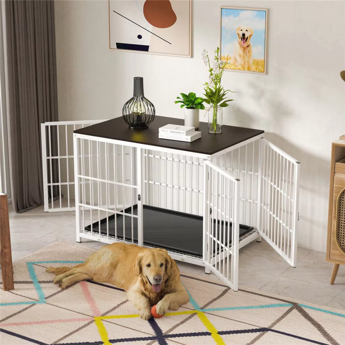 Zware Hondenkennel - Voor Huisdieren - Metalen Hondenkrat met Houten Meubelstijl - Hondenbench - Wit - 78cm