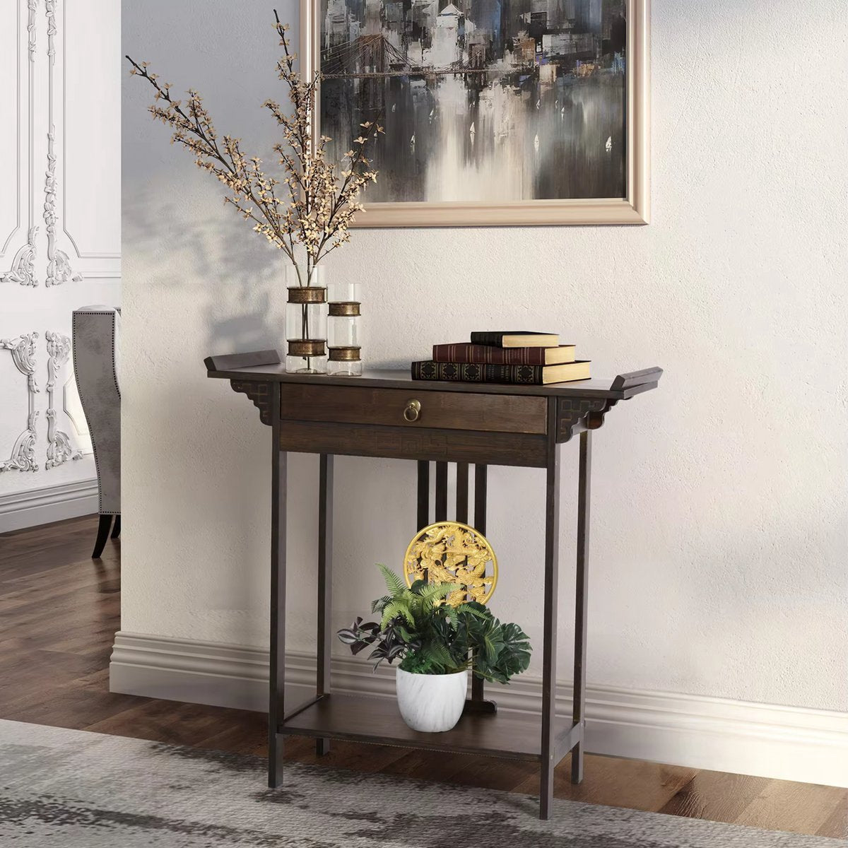 Vintage Vintage consoletafel - Wandtafel met lades - Haltafel - Sidetable - Bruin - 81cm