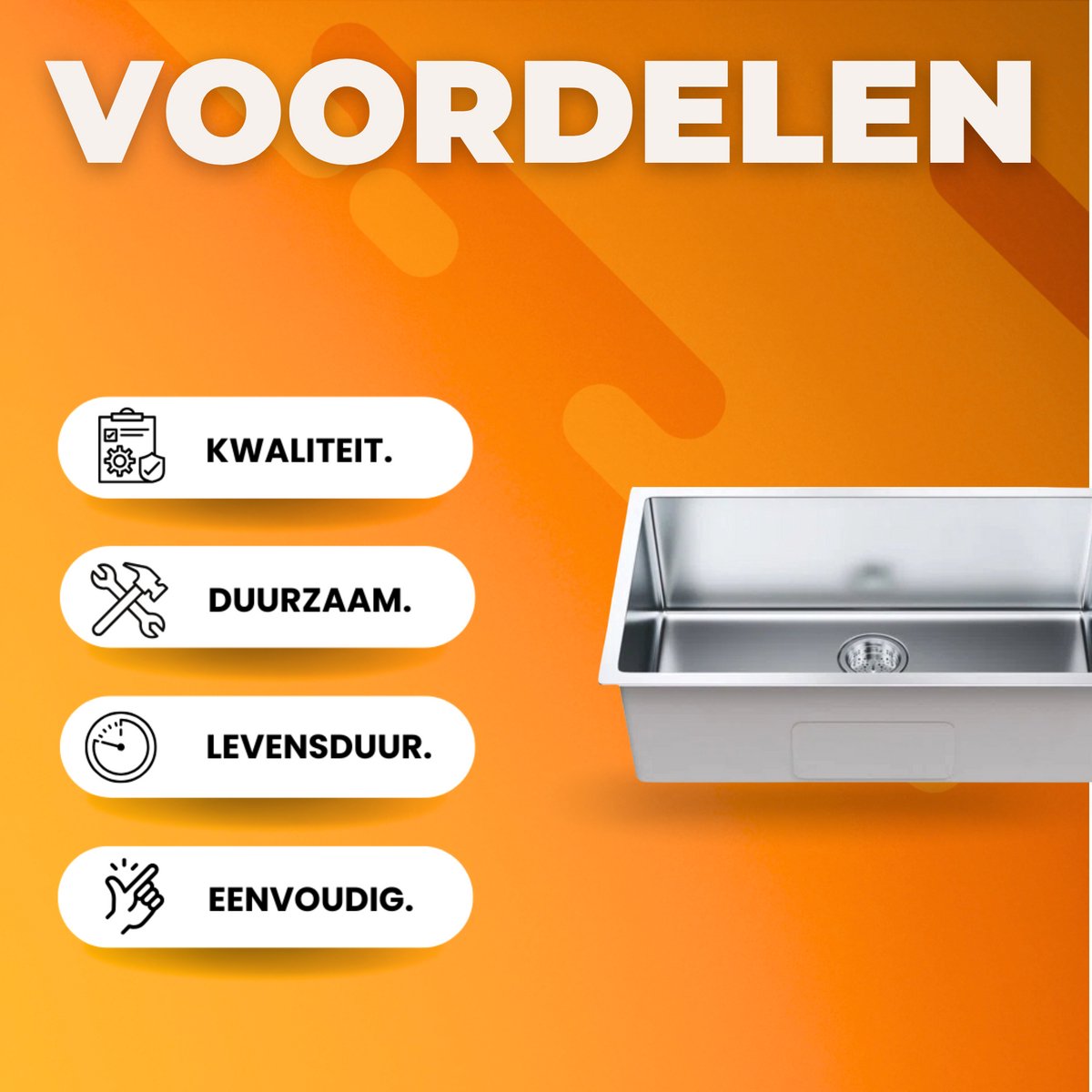 Inbouwwastafel - Spoelbak keuken - RVS wastafel - 230 mm Diepte - Inbouw gootsteen - Afvoerset - Inbouwspoelbak