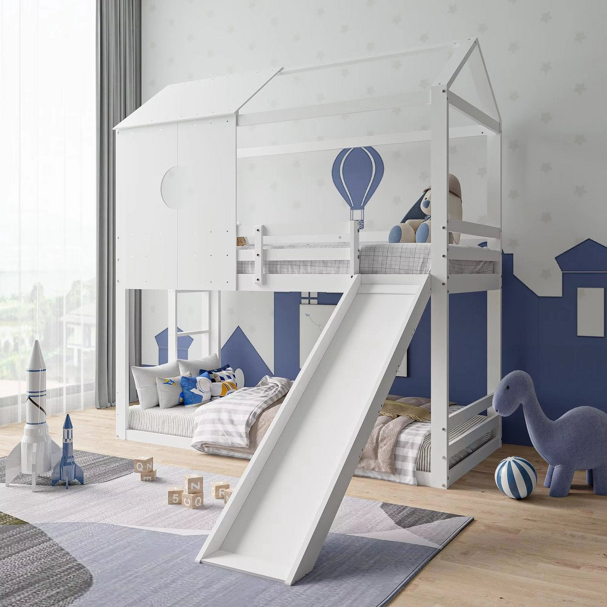 Luxe stapelbed voor kinderen - 90x200 cm - Kinderbedden - Hoogslaper - Met Hoektrap, valbeveiliging en raam - Peuterbed