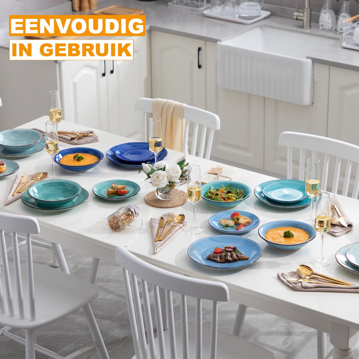 Lorentino Serviesset - 6 delig - 8 persoons - Blauw - Dinerborden - Bordenset - Diepe borden - Ontbijtborden - Servies - Keukenservies