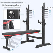Multifunctionele Halterbank - Fitnessnank - Bench press - Bankdrukbank - Trainingsbank met Hulterrek, Opvouwbaar, Platte Bank en Squatrek - Tot 200 kg Capaciteit