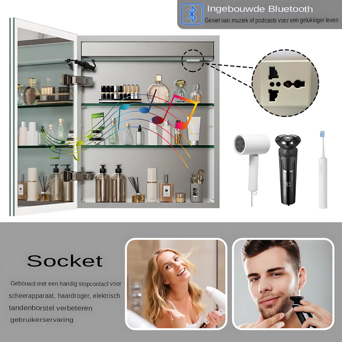 Muziek Badkamerspiegel Rond - Met bluetooth en RGB verlichting - 60x70cm - Voor Badkamer, Make-up & Wandmontage - Dimbaar licht