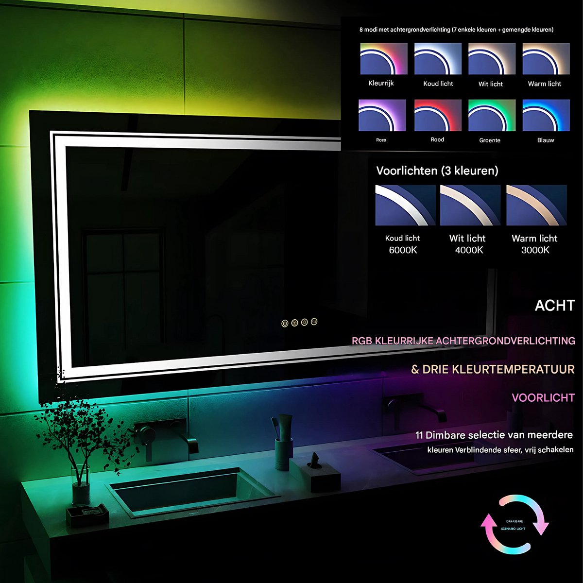 Badkamerspiegel Luvio - Met RGB verlichting - 105x50cm - Rechthoekig - Voor Badkamer, Make-up & Wandmontage - Dimbaar licht