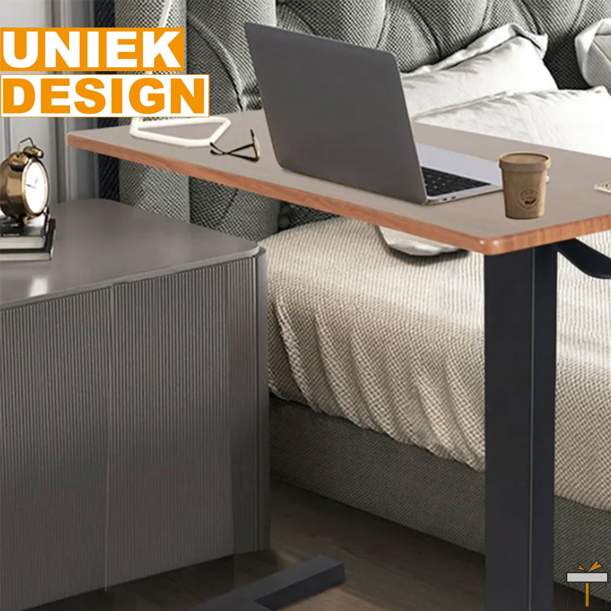 Happyment Laptoptafel Deluxe - Bijzettafel op wieltjes - Verstelbaar in hoogte 66-90cm - Ontbijt - Bed - vierkant / rechthoek