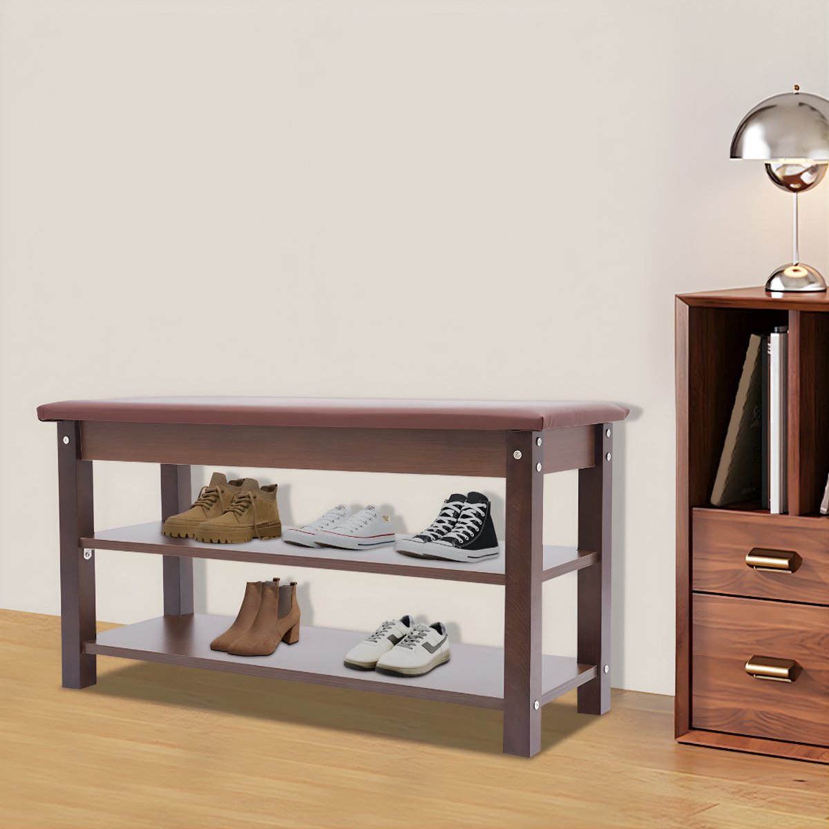 Schoenenbank - Opbergkast - Schoenenrek - Schoenenkast - Voor de hal of entree - Houten frame met stoffen kussen
