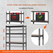 Opbergrek - Stellingkast- Rekken- Werkplaatsrek - 907,2kg Totaal - 181,4kg per Plank - 75x30x152cm Inhaaksysteem