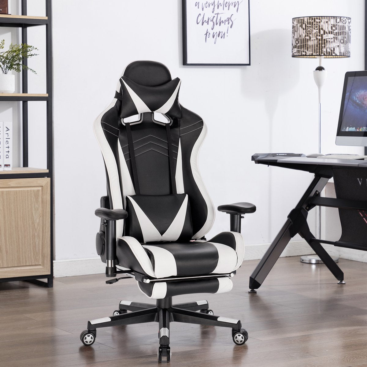 Luxe Gaming stoel - Wit - Met voetsteun - Gamestoel - Verstelbaar in hoogte - Chair - Ergonomische bureaustoel - Chair - Kunstleer