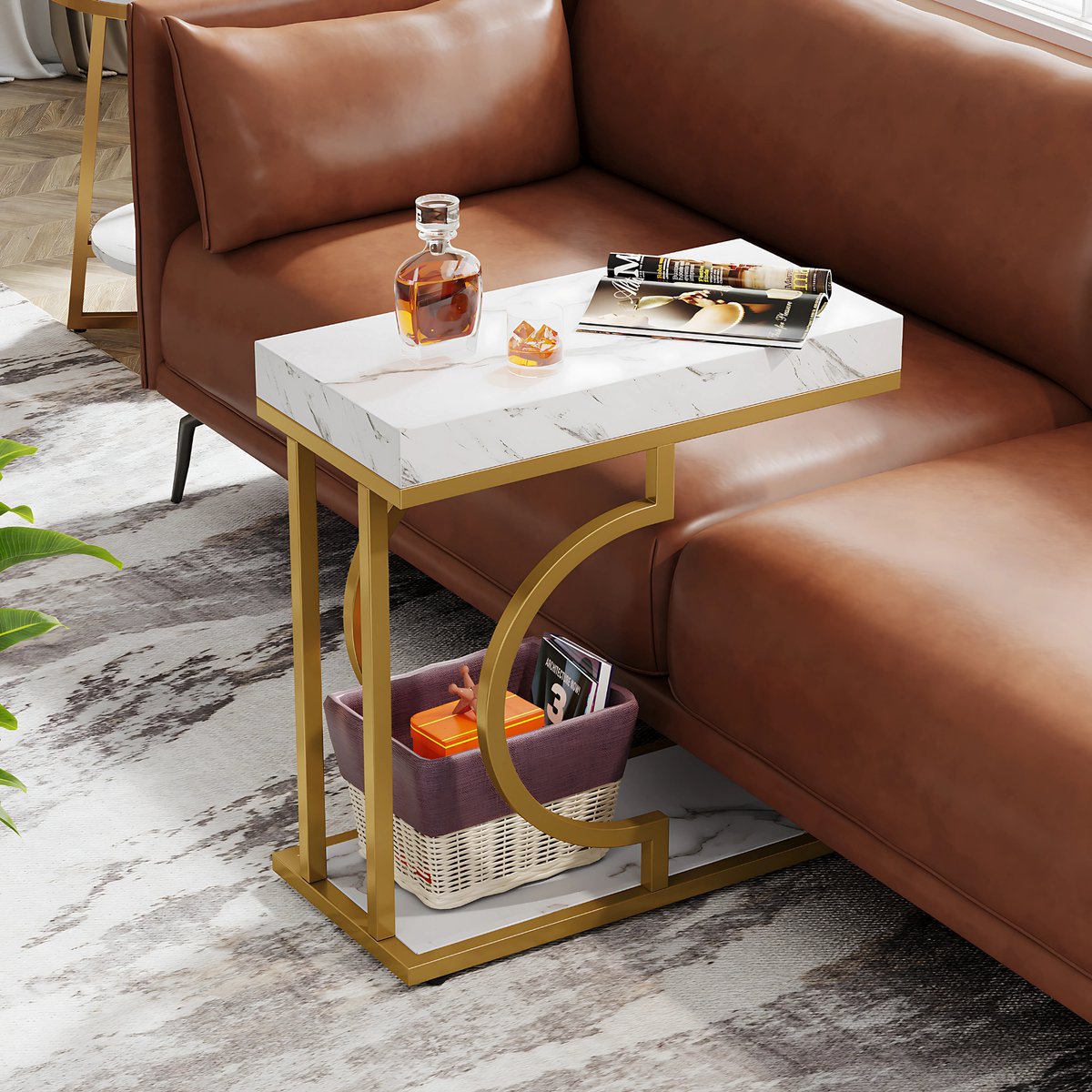 Bijzettafel Dublin - Voor woonkamer of slaapkamer - Nachtkast - Wit/goud