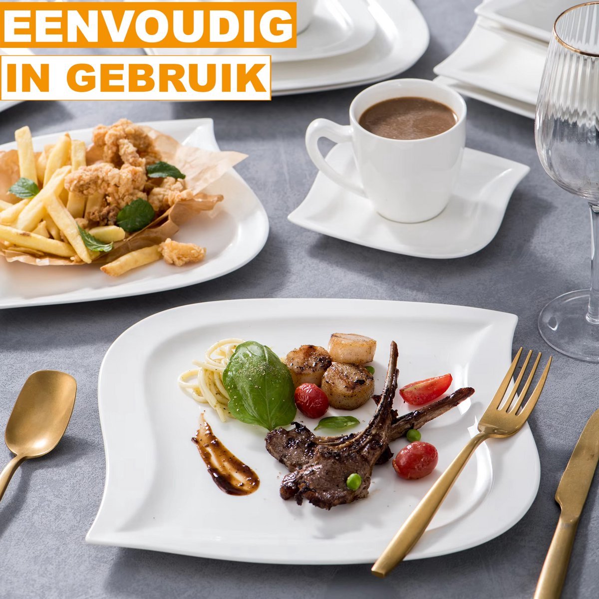 Crystal Bordenset – Ontbijtborden – 12 persoons – 60 delig – Marmerlook Keramisch – Eetborden – Kleurrijke presentatie