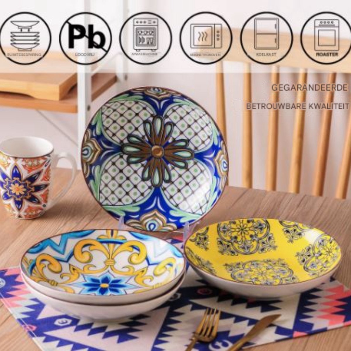 Imperial Zafiro Serviesset - 12 delig - 8 persoons - Mozaïek - Dinerborden - Bordenset - Diepe borden - Ontbijtborden - Servies - Keukenservies - Luxe design - Tafelstijl