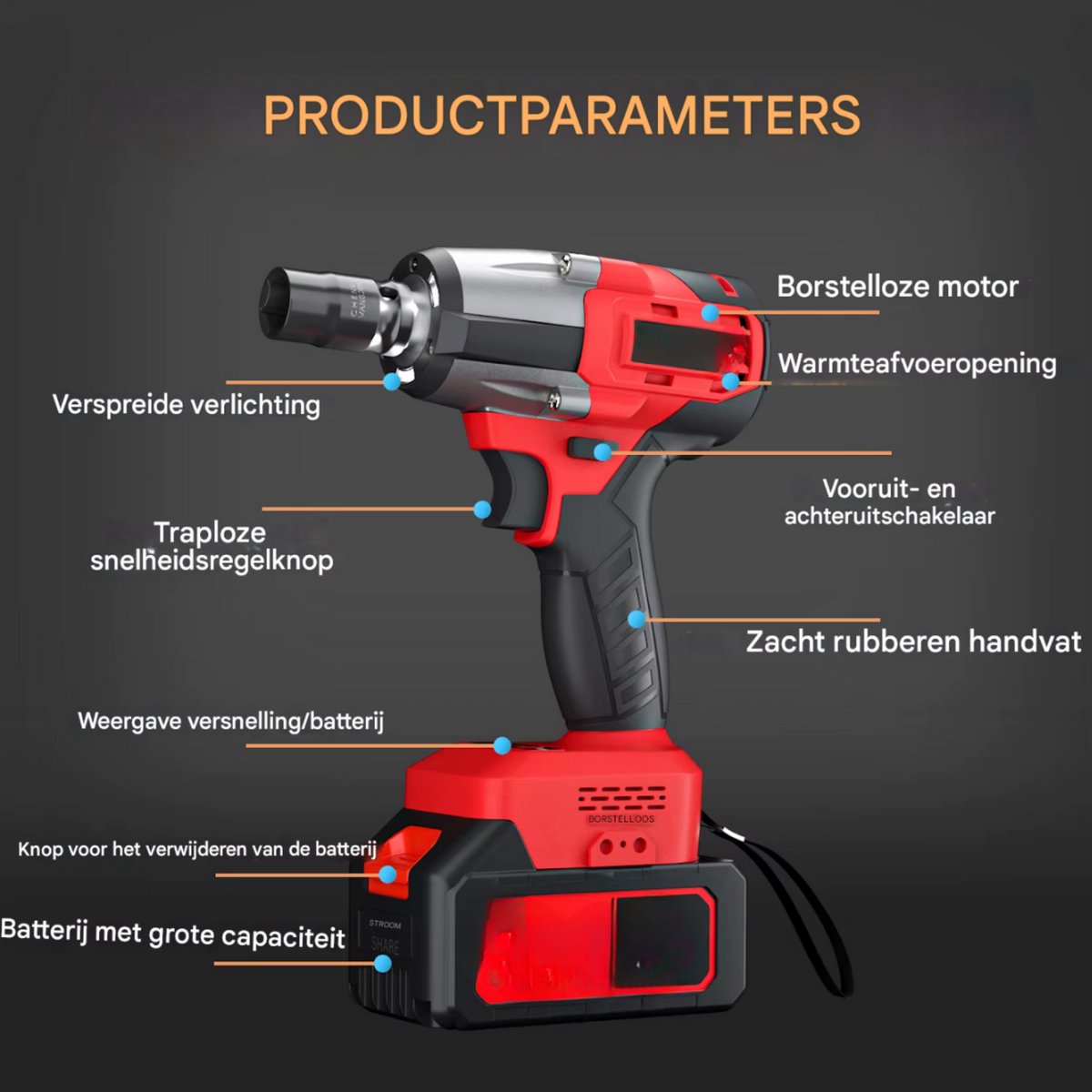 Draadloze Slagmoersleutel - 1/2" Borstelloos Power Impact Gun - 1500Nm Elektrische Sleutel - 4 Stopcontacten & 12 Schroevendraaierbits
