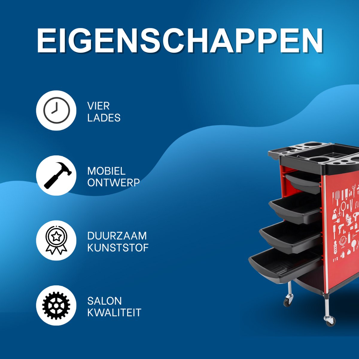 Kappers trolley Vera - Met wielen - Rood - Voor salons, spa’s en stylisten - Werkwagen