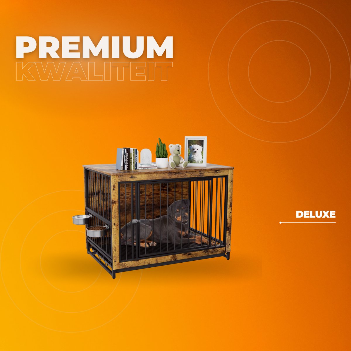 Houten Hondenbenche - Hondenren - Hondenkrat Bijzettafel met Afneembare Kommen en Dienblad - Dubbele Deuren Hondenkennel voor Middelgrote Honden Binnen - 112 x 75 x 84 cm - Grijs
