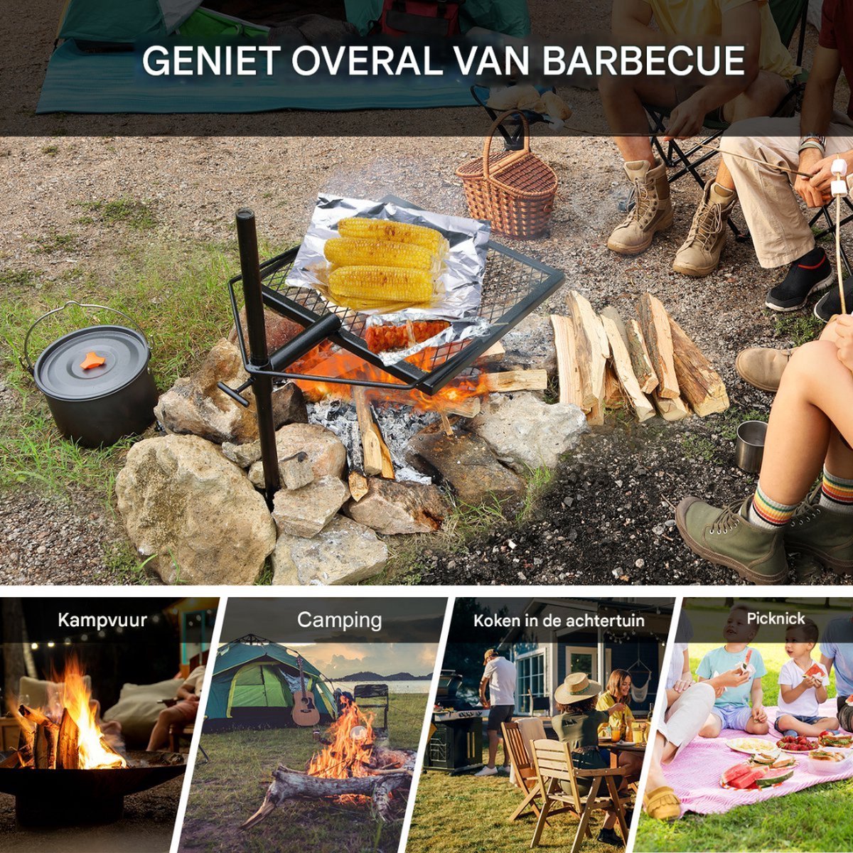 Draaibare Grill - 41x41cm - Staal - 6 kg Draagvermogen - Inclusief Draagtas - Zwart