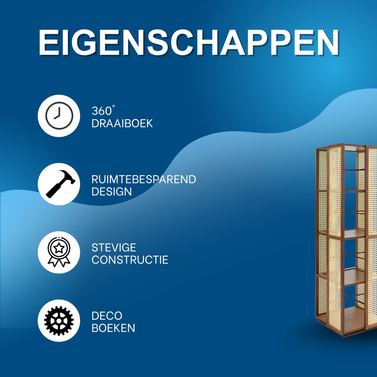 Draaibare boekenkast - Boekenrek - Opberruimte - Voor boekenopslag - Voor boeken en decoratie - 4-laags - 360° draaibaar ontwerp - Tan