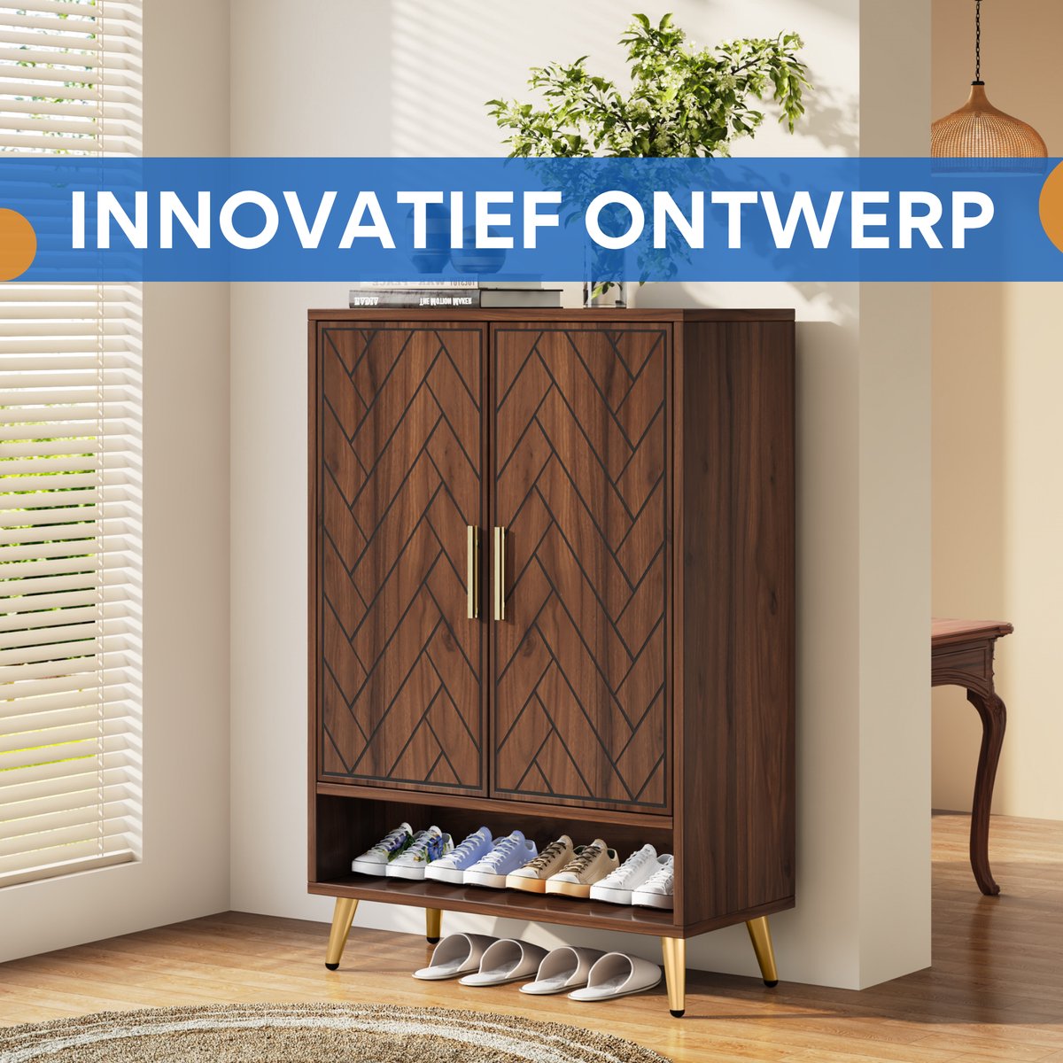 Schoenenkast Nero met deuren - Bruin - Schoenenrek - 110cm - 6 laags - Houten opbergkast