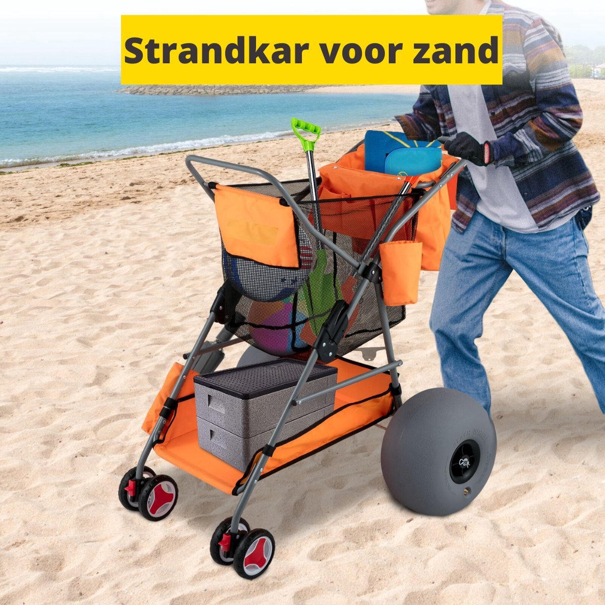 Happyment Bolderwagen - Strandkar - Bolderkar Opvouwbaar - Strandtrolley - Beach Trolley - Strandwagen - Luchtbanden - Inclusief Pomp - Blauw