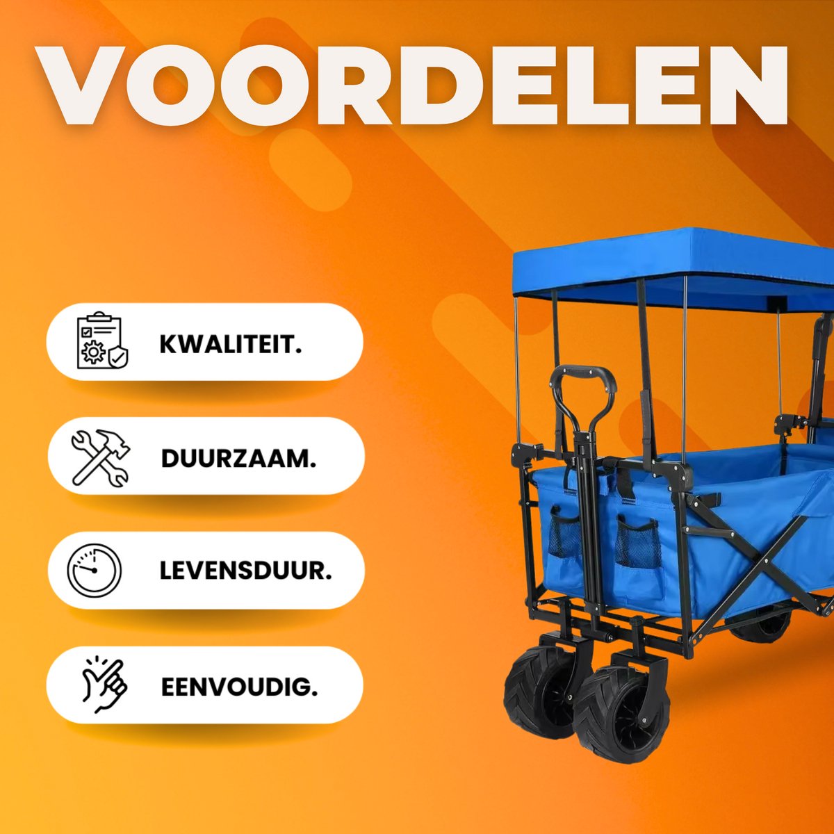 Opvouwbare bolderkar XL - 262L - Opvouwbaar tuinwagen - Met duwstang - Voor buitengebruik - Met verwijderbare luifel en 115 kg capaciteit - All terrain - Blauw
