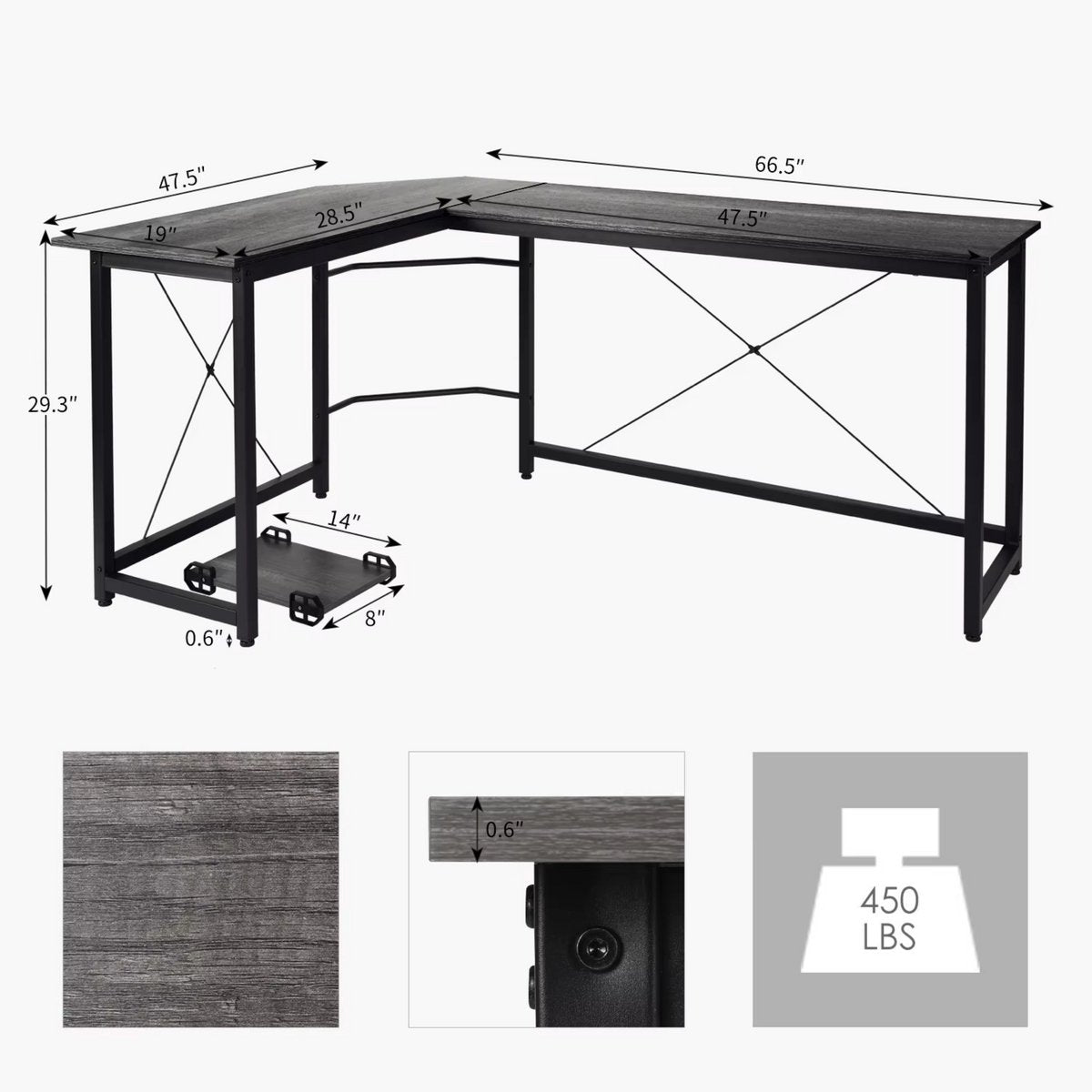 L-vormig Hoekbureau - Voor Thuiswerken, Gaming & Kantoor - Ruim Computerwerkstation met PC & Laptopruimte - 167 cm - Donkergrijs