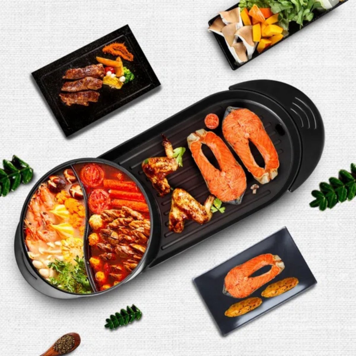 2 in 1 Grill - Gourmet Hot Pot - 2200W - Multifunctioneel 67x28x17 cm - Zwart