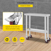 Keukentafel horeca - RVS - Werktafel met wielen - Bijzettafel verplaatsbaar - Keukeneiland - 76 x 30 x 86 cm
