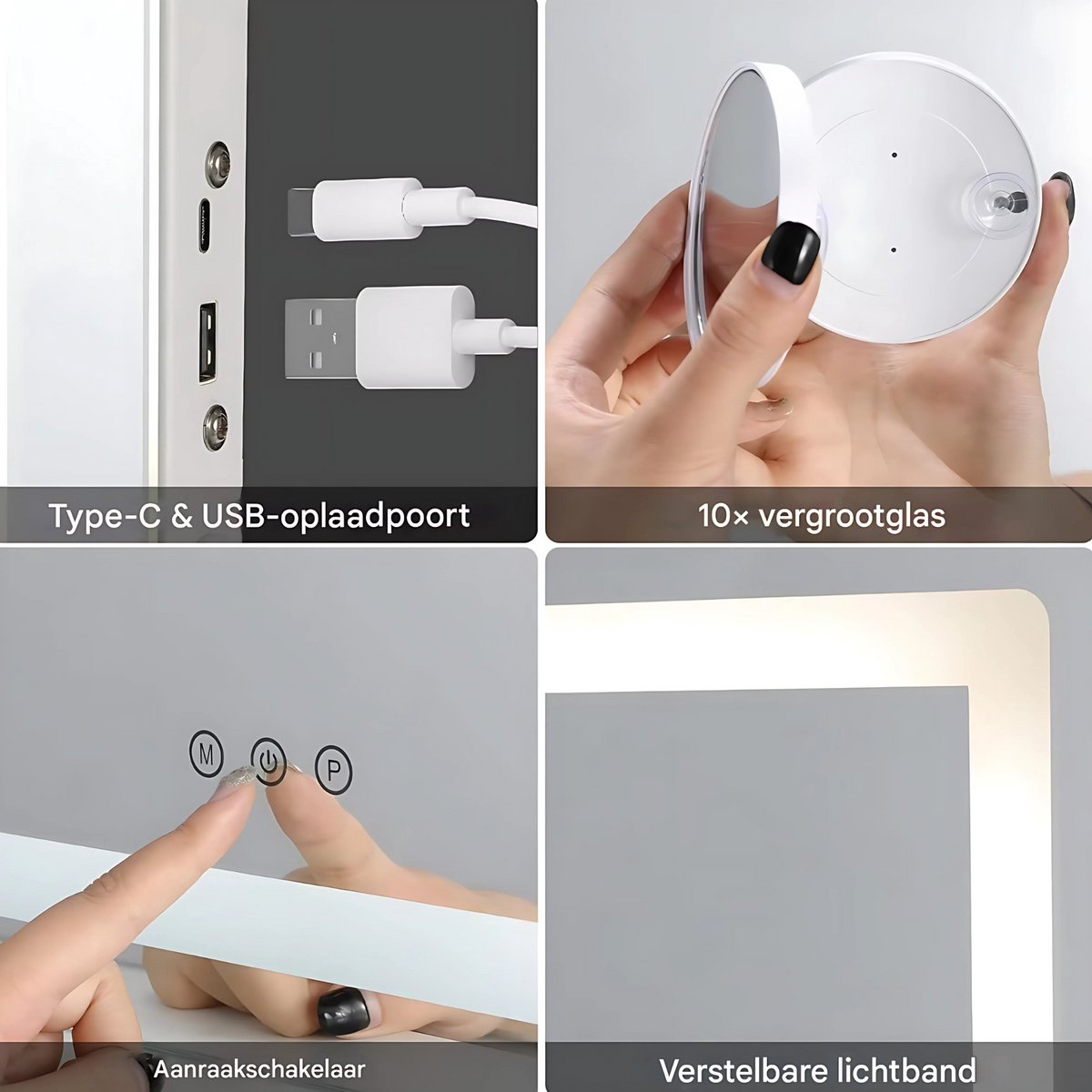 Grote Make-up Spiegel - Voor Make-up tafel - Verlichte Spiegel met Smart Touch en 3 Dimbare Kleuren - 80 x 60 cm