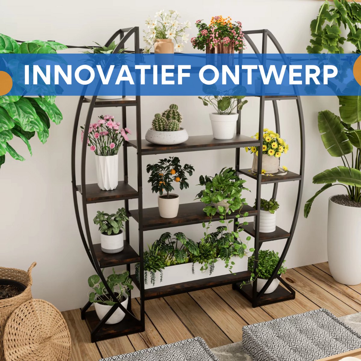 Plantenstandaard indsutrieel - 177cm - Plantenrek - Plantentafel - Voor binnen & buitengebruik - Bloempothouder - Metaal en hout
