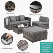 Polyrotan Lounge Tuinset voor 4 Personen - 5-delige Tuinmeubelen Set met Hoekbank en Salontafel - Incl. Kussens voor Patio & Tuin - Donkergrijs