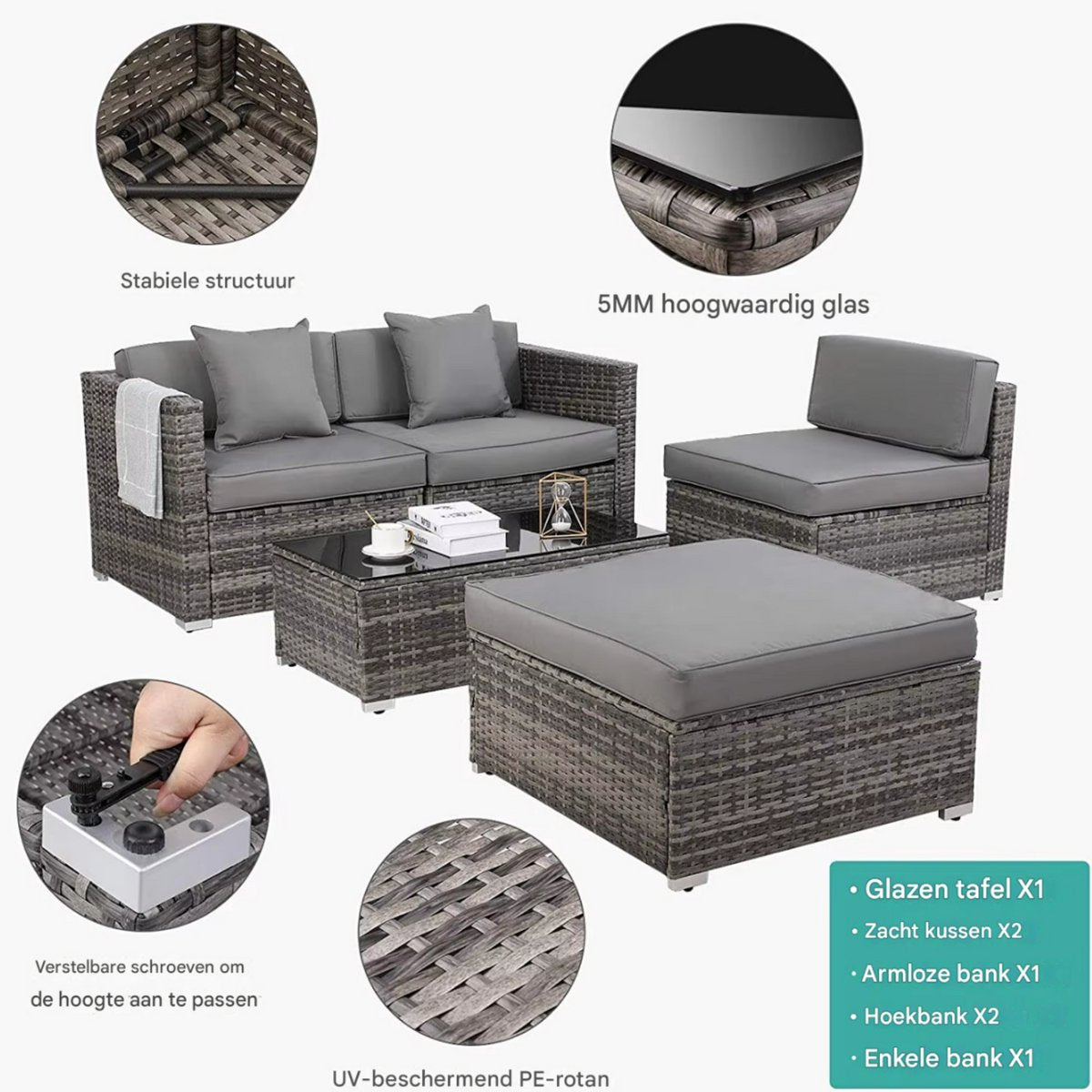 Polyrotan Lounge Tuinset voor 4 Personen - 5-delige Tuinmeubelen Set met Hoekbank en Salontafel - Incl. Kussens voor Patio & Tuin - Donkergrijs