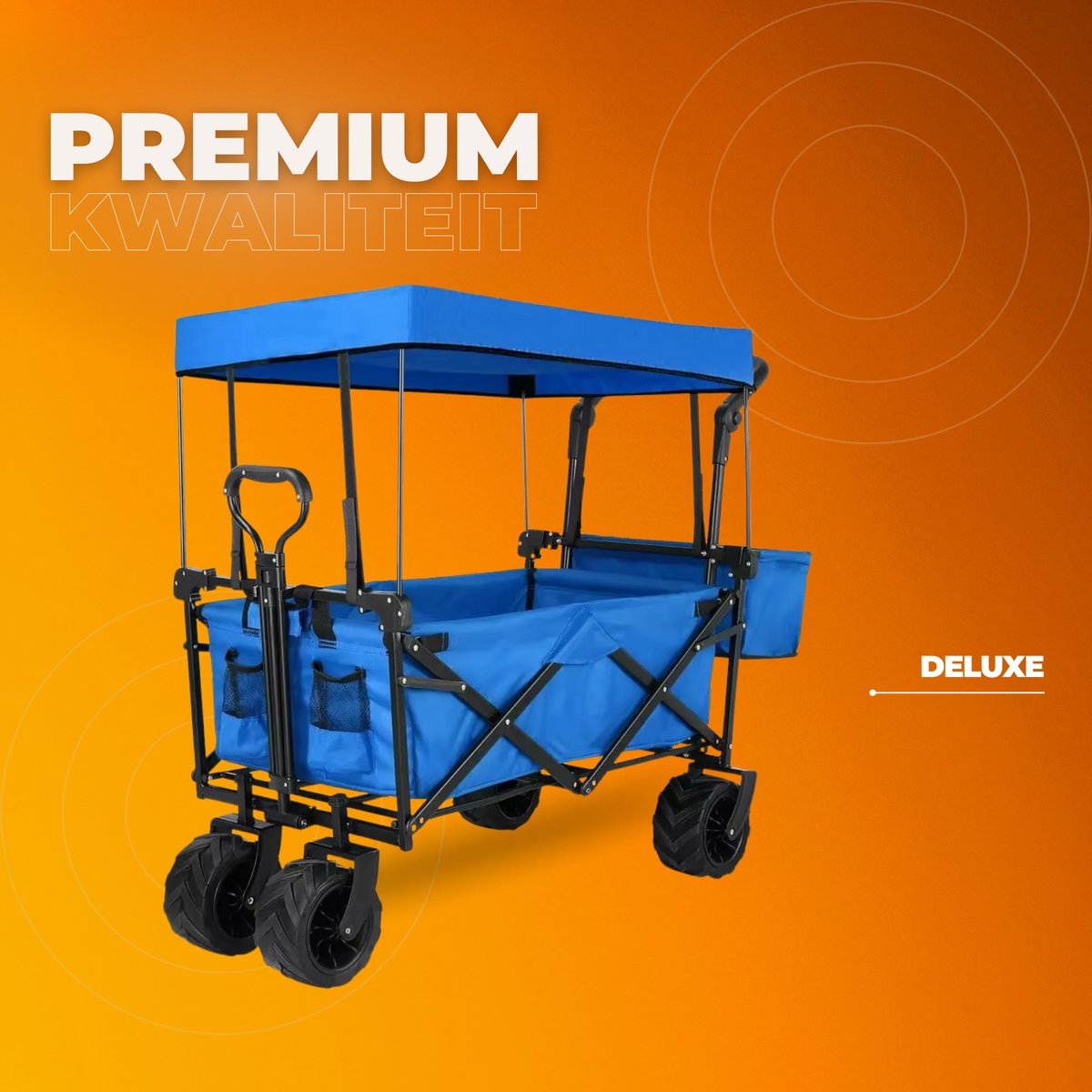 Opvouwbare bolderkar XL - 262L - Opvouwbaar tuinwagen - Met duwstang - Voor buitengebruik - Met verwijderbare luifel en 115 kg capaciteit - All terrain - Blauw