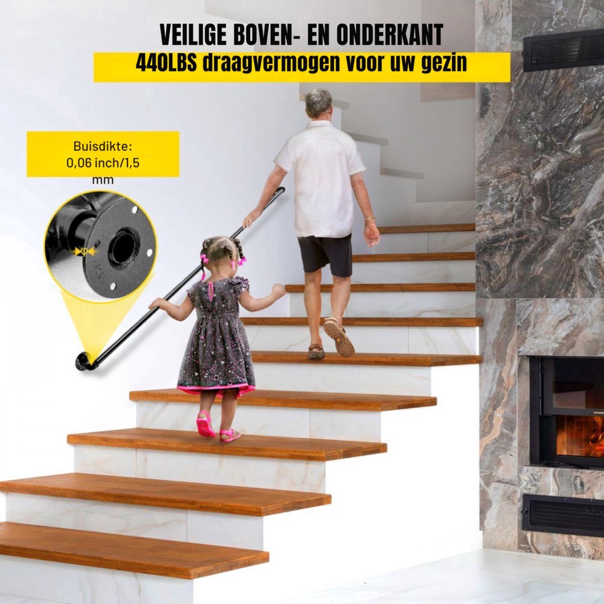 Trapleuning 180cm - Anti slip - Balustrade - Binnen en buiten - Houders - Leuningen voor Trappen - Staal - Met trapleuninghouders