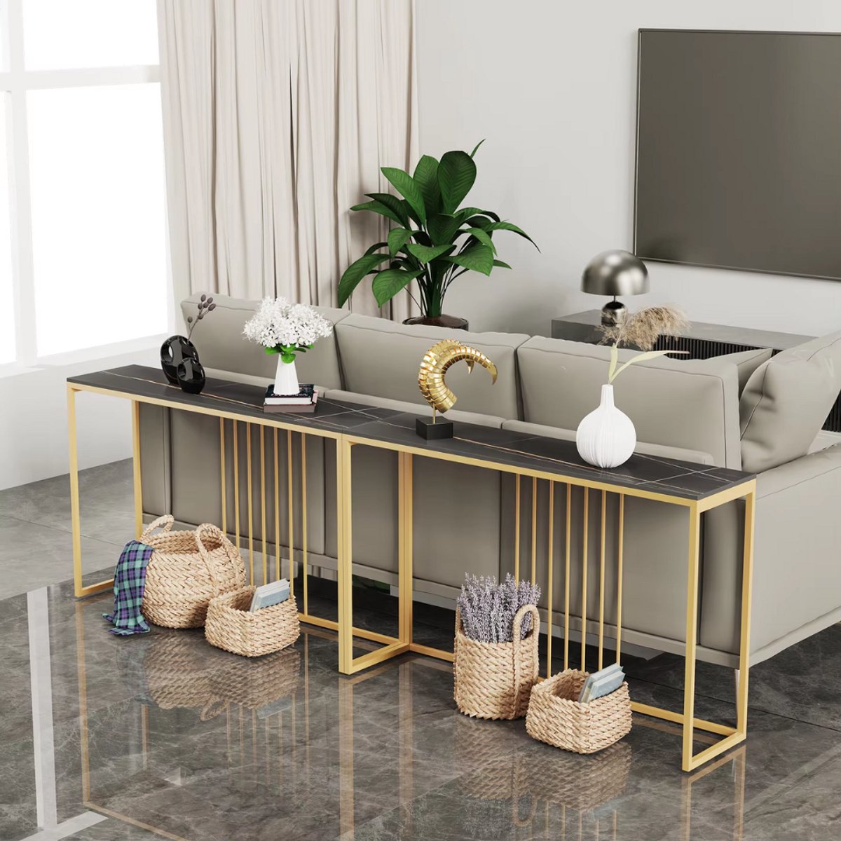 Marquise Consoletafel - Haltafel - Wandtafel - Emerald look - Sidetable - 120cm - Wit en goud