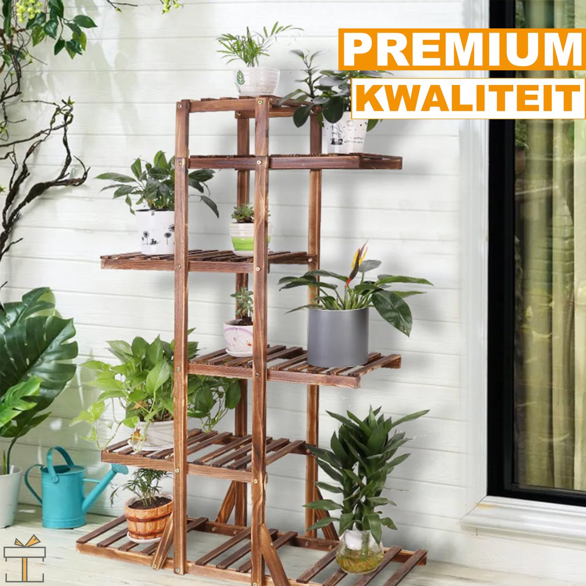 Happyment Plantenstandaard - Plantenrek trap - Bloemenrek voor binnen en buiten - Tuin etagere hout - 131cm