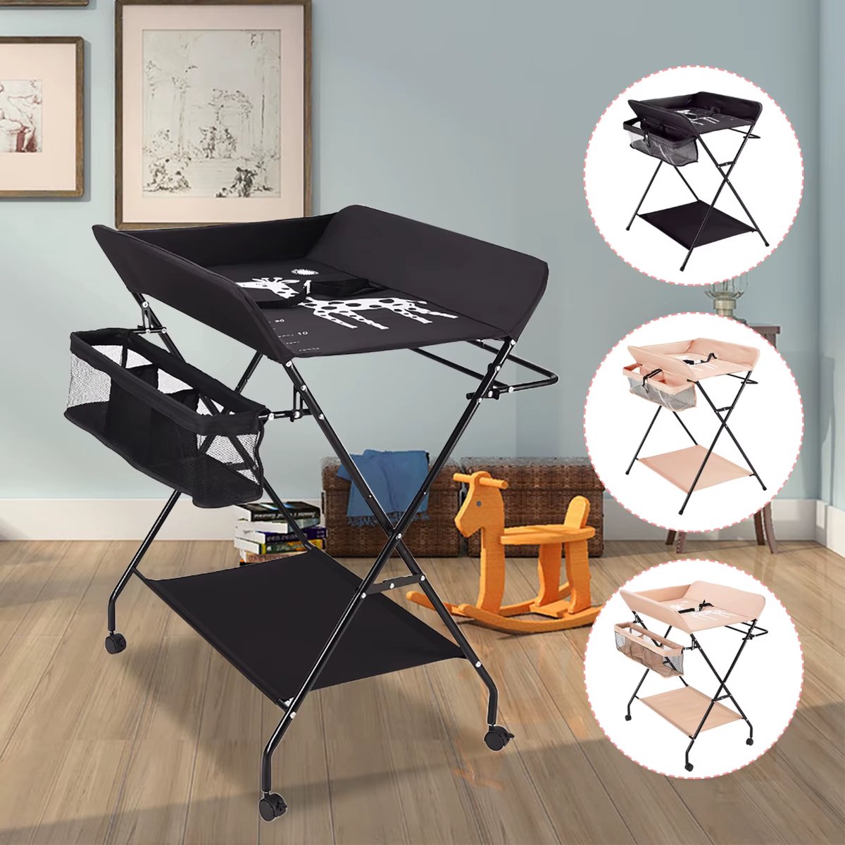 Babyverschoontafel – Verzorgingstafel - Opvouwbaar voor kinderkamer – Stabiel en veilig met opbergruimte – Max. draagvermogen 15 kg – Grijs - Met wielen