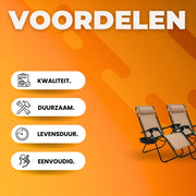 Opvouwbare stoel verstelbare stalen gaas - Zero Gravity lounge stoel - Fauteuils met kussens en bekerhouder - Beige - 2 Stuks
