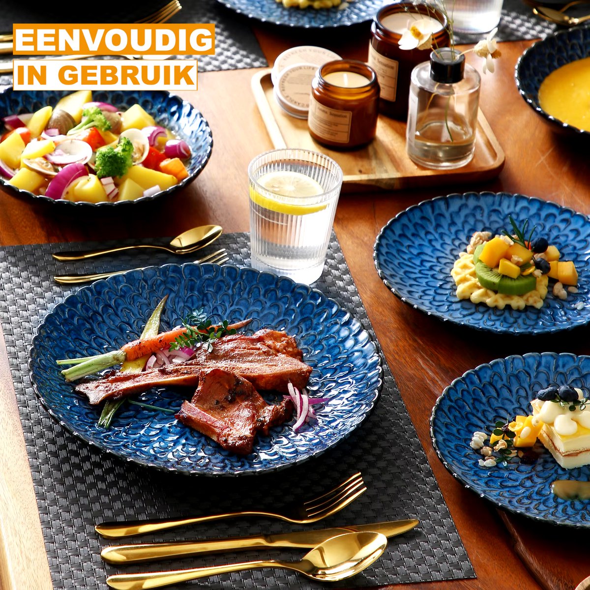 Ornate Ontbijtborden – 12 persoons – 24 delig – Blauw Keramisch – Dinerborden – Ontbijtborden