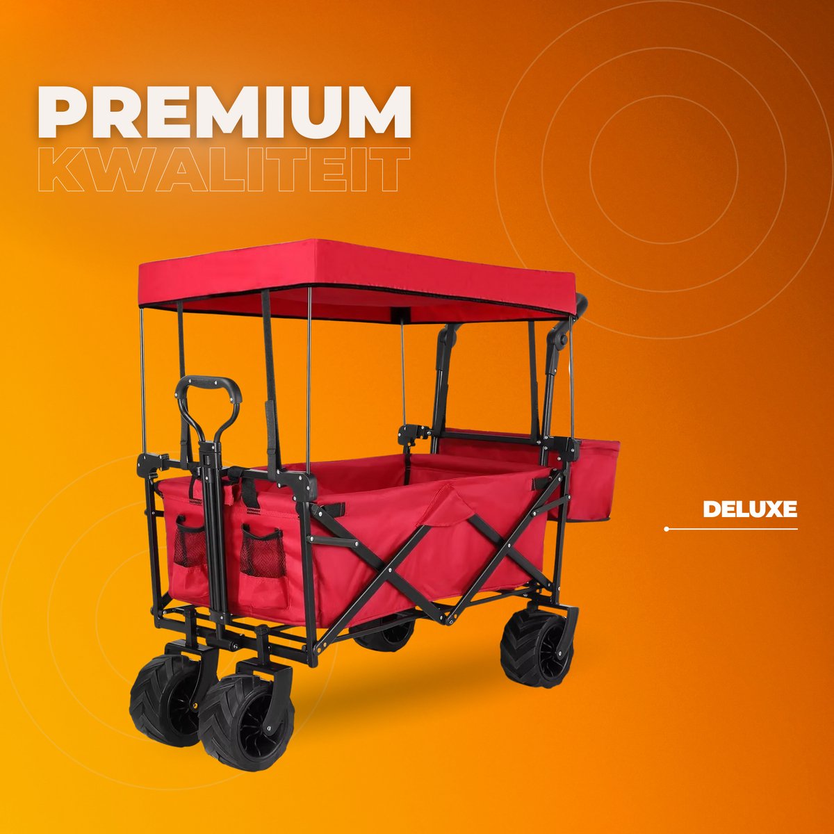 Opvouwbare bolderkar XL - 262L - Opvouwbaar tuinwagen - Met duwstang - Voor buitengebruik - Met verwijderbare luifel en 115 kg capaciteit - All terrain - Rood