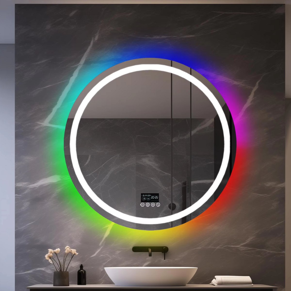 Badkamerspiegel Musica - Met verwarming en LED verlichting - Bluetooth en muziek - Rond - Geen condens - Spiegel voor badkamer - 80x80cm