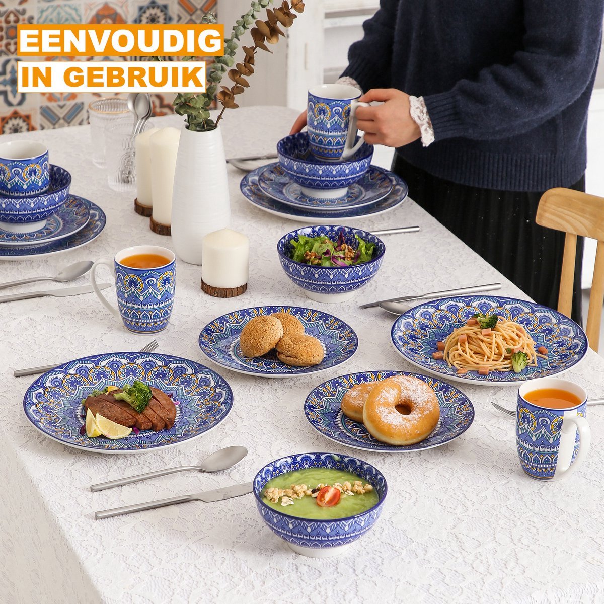 Fiorenzo Serviesset Blu Elegante - 48 delig - 12 persoons - Blauw - Dinerborden - Bordenset - Diepe borden - Ontbijtborden - Servies - Keukenservies