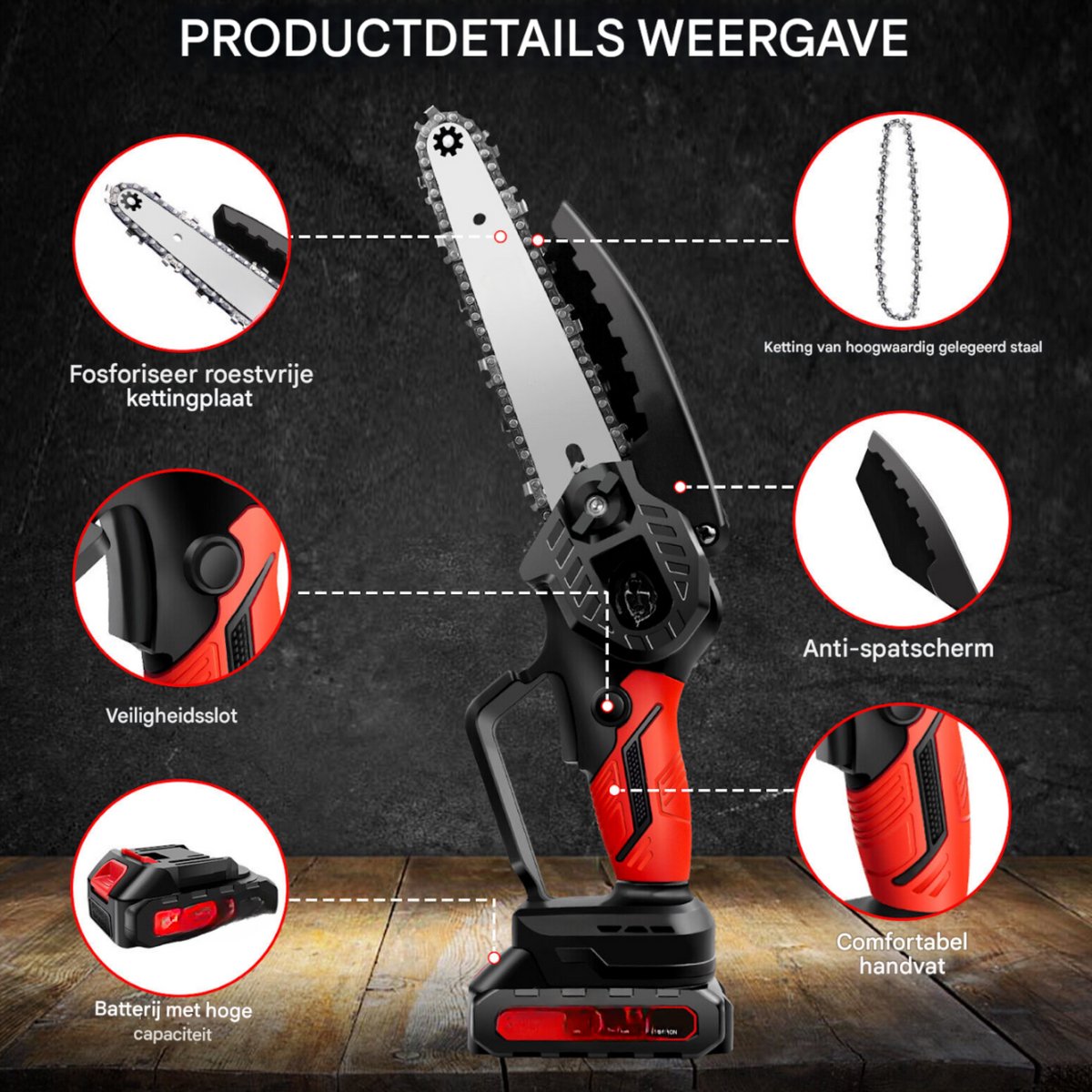Mini Kettingzaag 15cm - Draadloze Elektrische Zaag - 21V Brusheloze Motor - 3000mAh Accu - Voor Hout & Tuinwerk