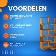 Hoekkast Brooklyn - Vakkenkast 165cm - Boekenrek Hoekmeubel - Opbergrek 6 lagen - Bruin