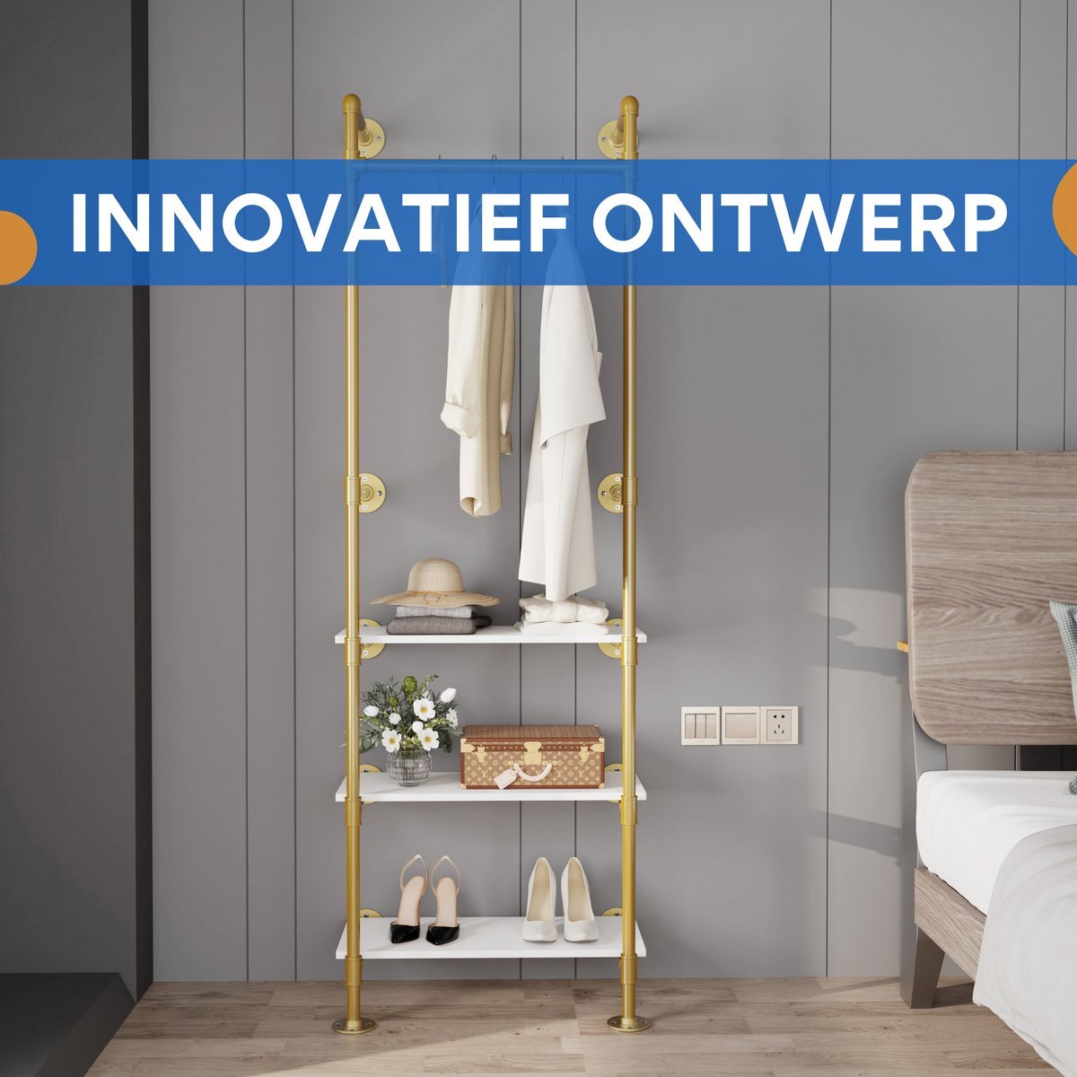 Kledingrek Fioren - Moderne kledingrek - Met kledingroede voor hal, slaapkamer of woonkamer - Kledingstangen - Schoenenrek - Wandmontage