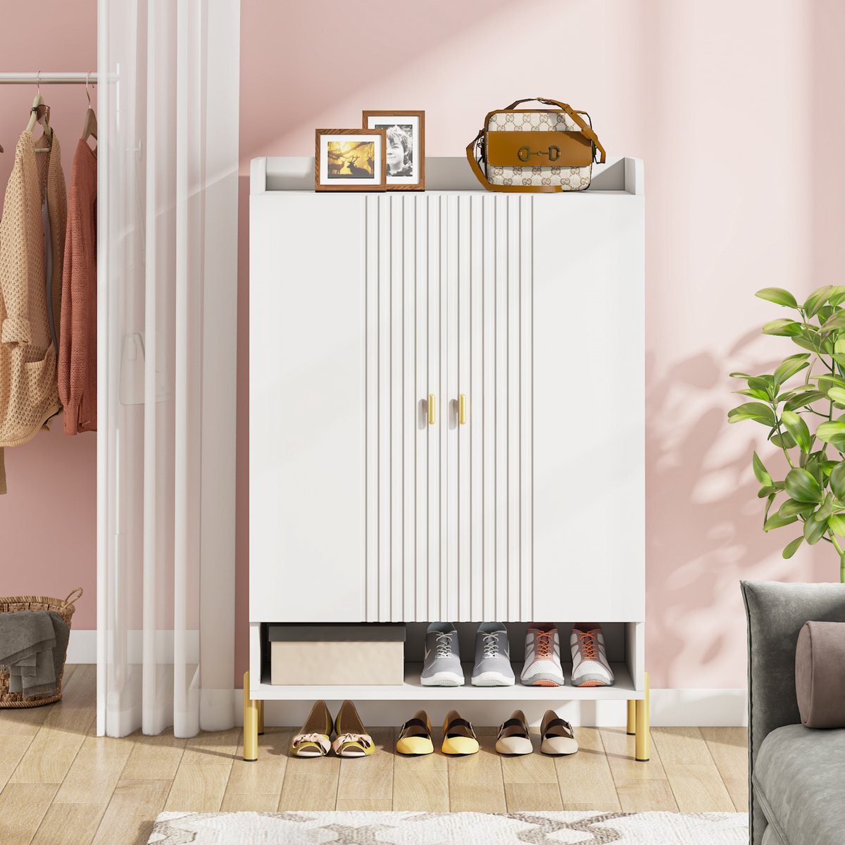 Schoenenkast Datino - Met deuren - Wit - Schoenenrek - 110cm - 6 laags - Houten opbergkast met kleppen