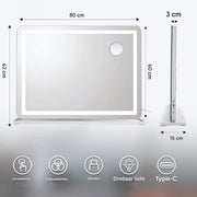 Grote Make-up Spiegel - Voor Make-up tafel - Verlichte Spiegel met Smart Touch en 3 Dimbare Kleuren - 80 x 60 cm