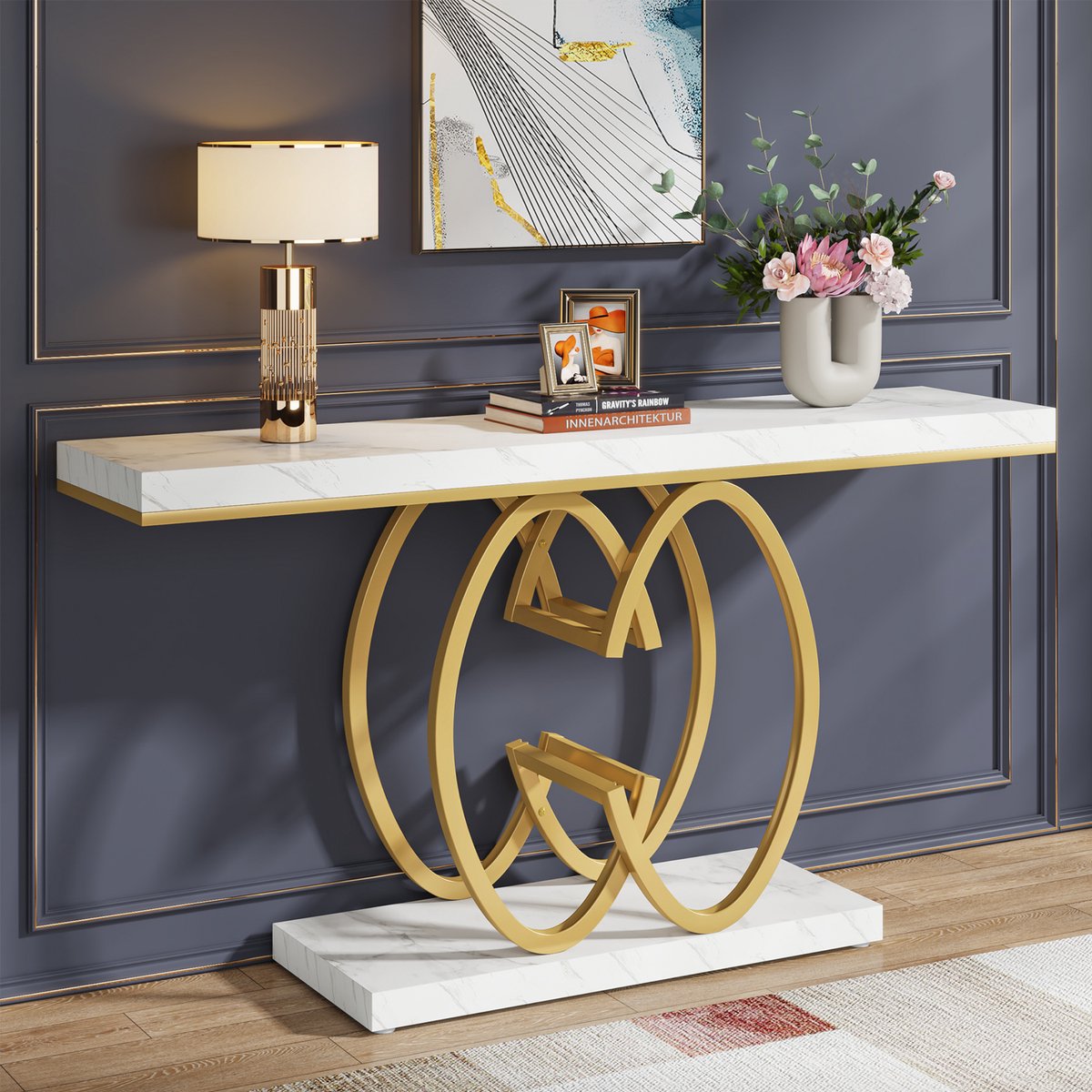 Wandtafel Pero - Haltafel - Dressiortafel - Bijzettafel - Sidetable - Kunstmarmer, goud - 140cm