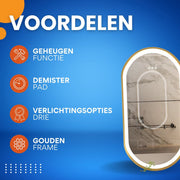 LED Badkamerspiegel Valora - Met verlicht - Gouden Frame - Dimbaar - Make up - Ovale spiegel - Anti-mist - 50x80cm