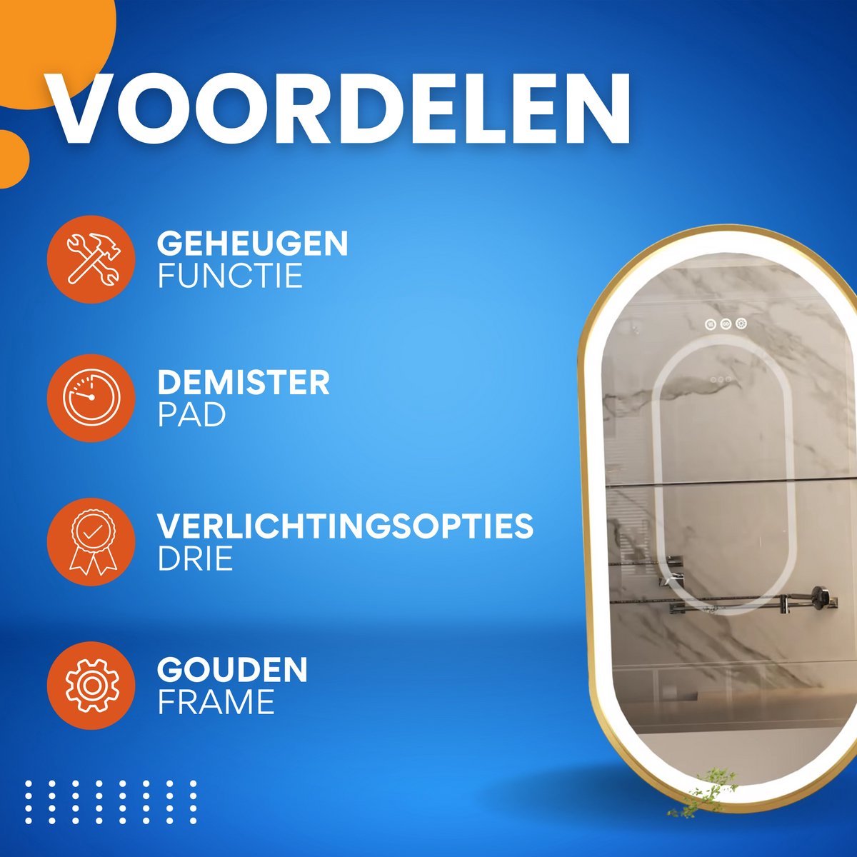 LED Badkamerspiegel Valora - Met verlicht - Gouden Frame - Dimbaar - Make up - Ovale spiegel - Anti-mist - 50x80cm