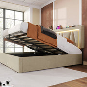 Bed - Tweepersoonsbedden - Tweepersoonsbed - Twijfelaar - Voor Slaapkamer - Met LED-verlichting, USB-C Oplaadfunctie, Lattenbodem & Opbergruimte - Linnen Bekleding - Inclusief Matras - 140x200 cm